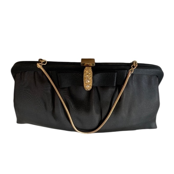 Ande Vintage Black Evening Bag Gold Rhinestone Clasp Black Bow Clutch 1950’s - Picture 6 of 10